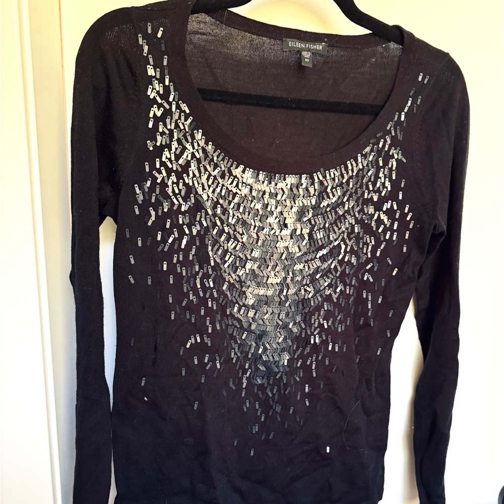 Eileen Fisher Black Long Sleeve Top with Silver Accents